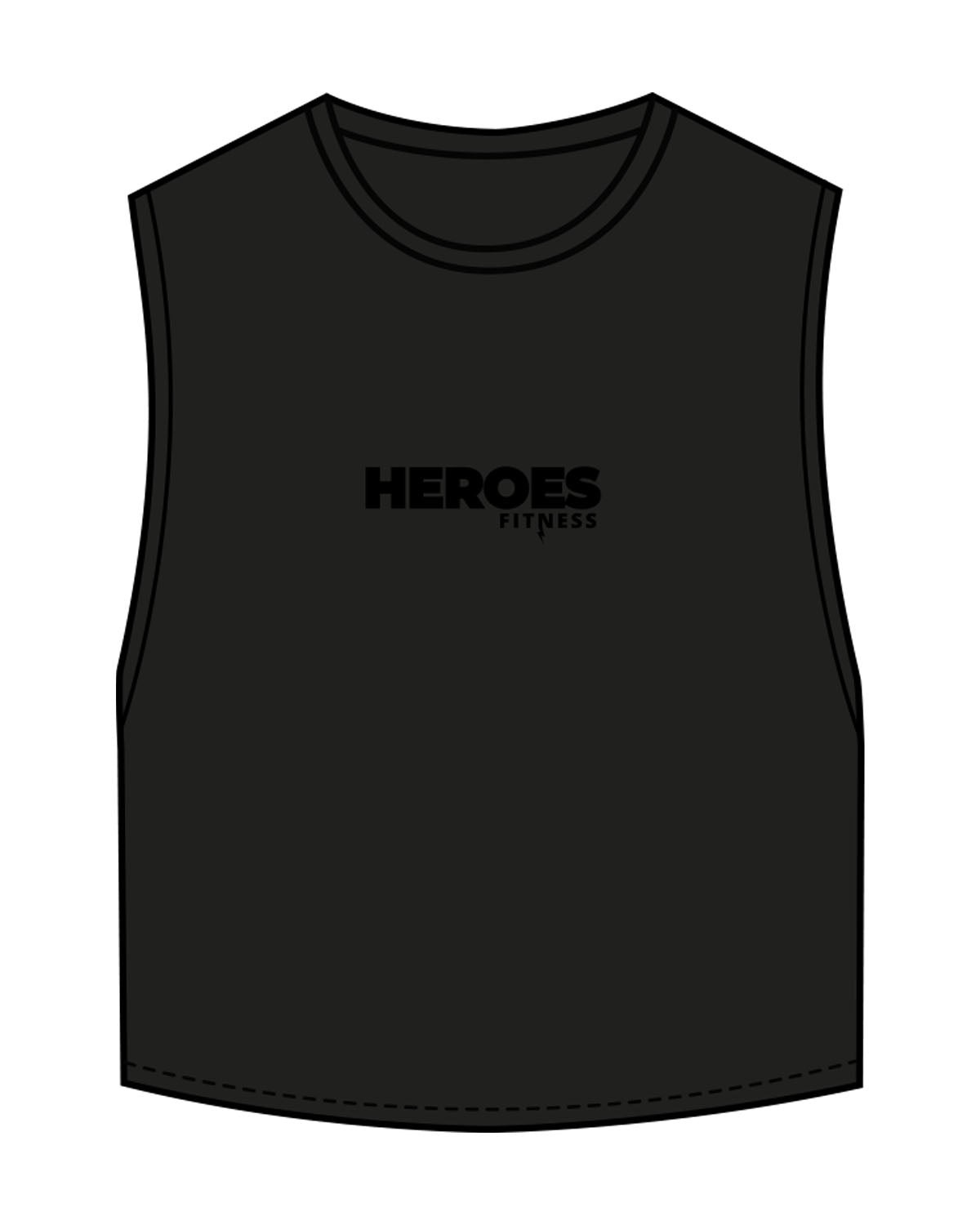 The Crop Muscle Tank - Black - Heroes Fitness - Center Chest & Back Stacked - Printed - Tone on Tone