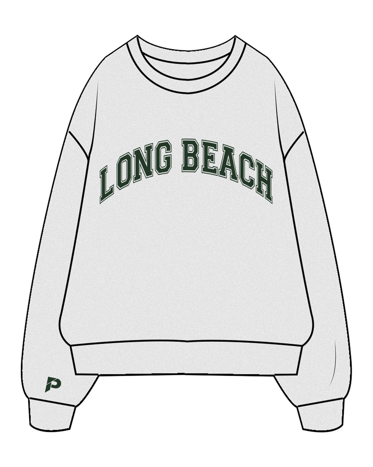 The Mens Crewneck - White Heather - The Platform Studio - Center Chest Arched "LONG BEACH" & Right Sleeve - Pine Green