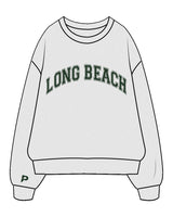 The Mens Crewneck - White Heather - The Platform Studio - Center Chest Arched "LONG BEACH" & Right Sleeve - Pine Green