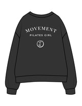 The Womens Crewneck - Washed Black - Movement Pilates Buffalo - Back Stacked - Printed - White