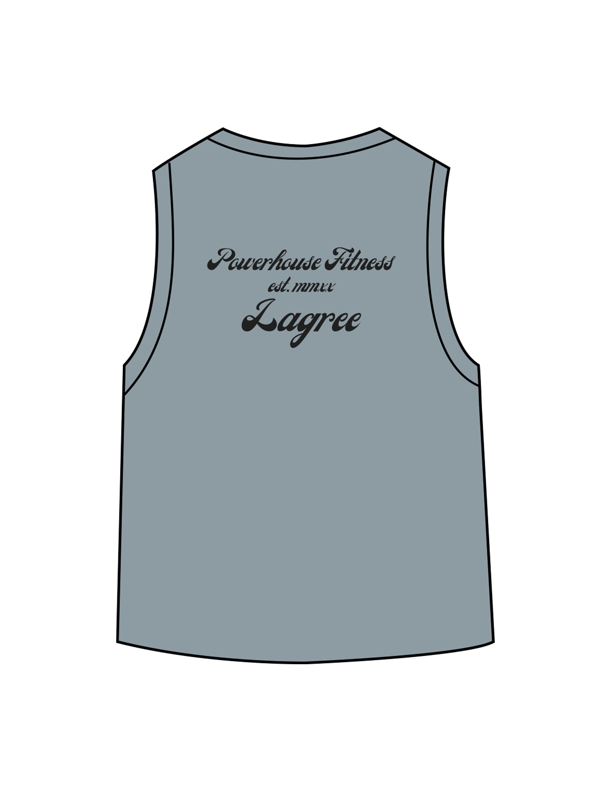 The Daily Crop Tank - Stonewash Denim - Powerhouse Fitness - Center Chest & Back Stacked "LAGREE" - Printed - Black