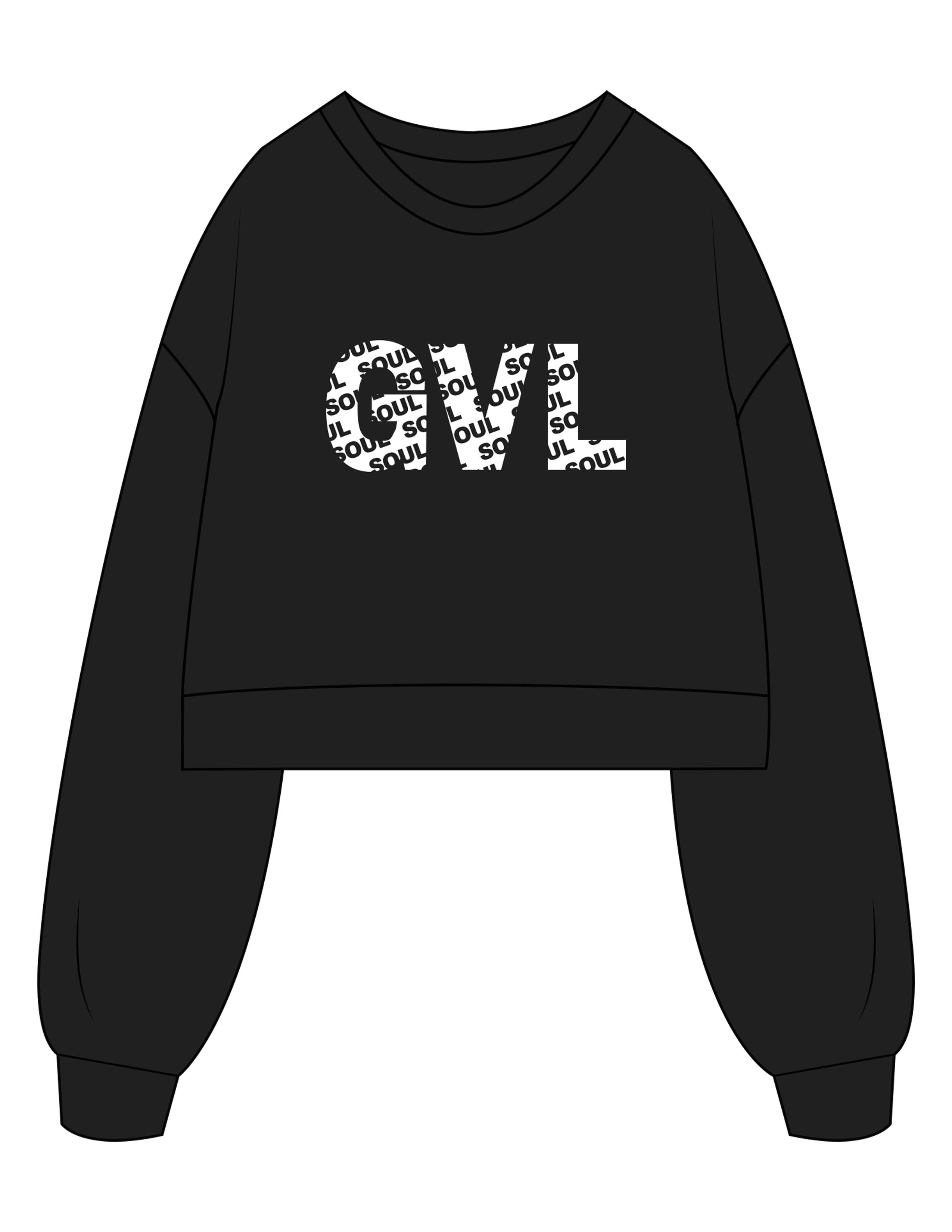 The Womens Crop Crewneck - Black - SOUL YOGA - Center Chest "GVL" - Printed - White