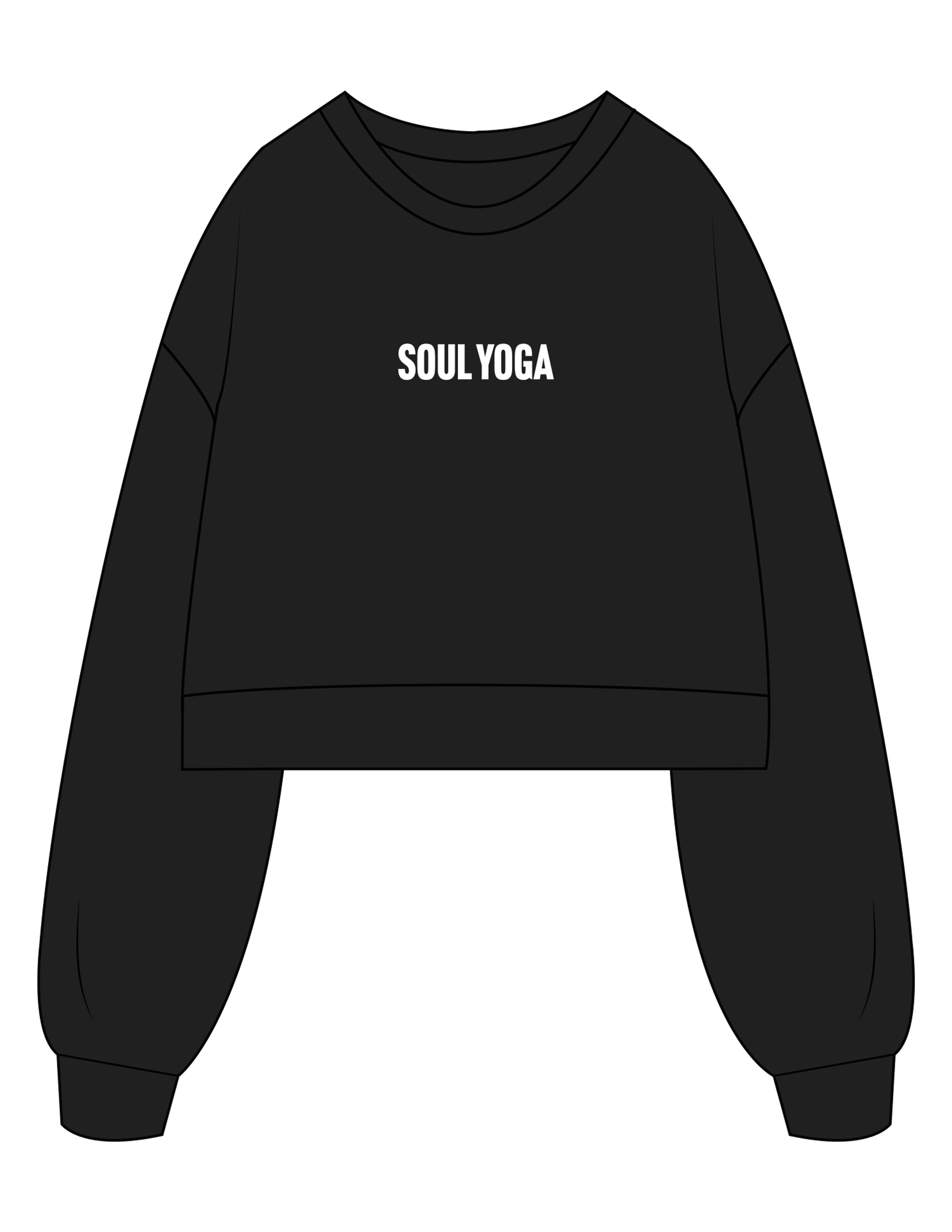 The Womens Crop Crewneck - Black - SOUL YOGA - Center Chest - Printed - White