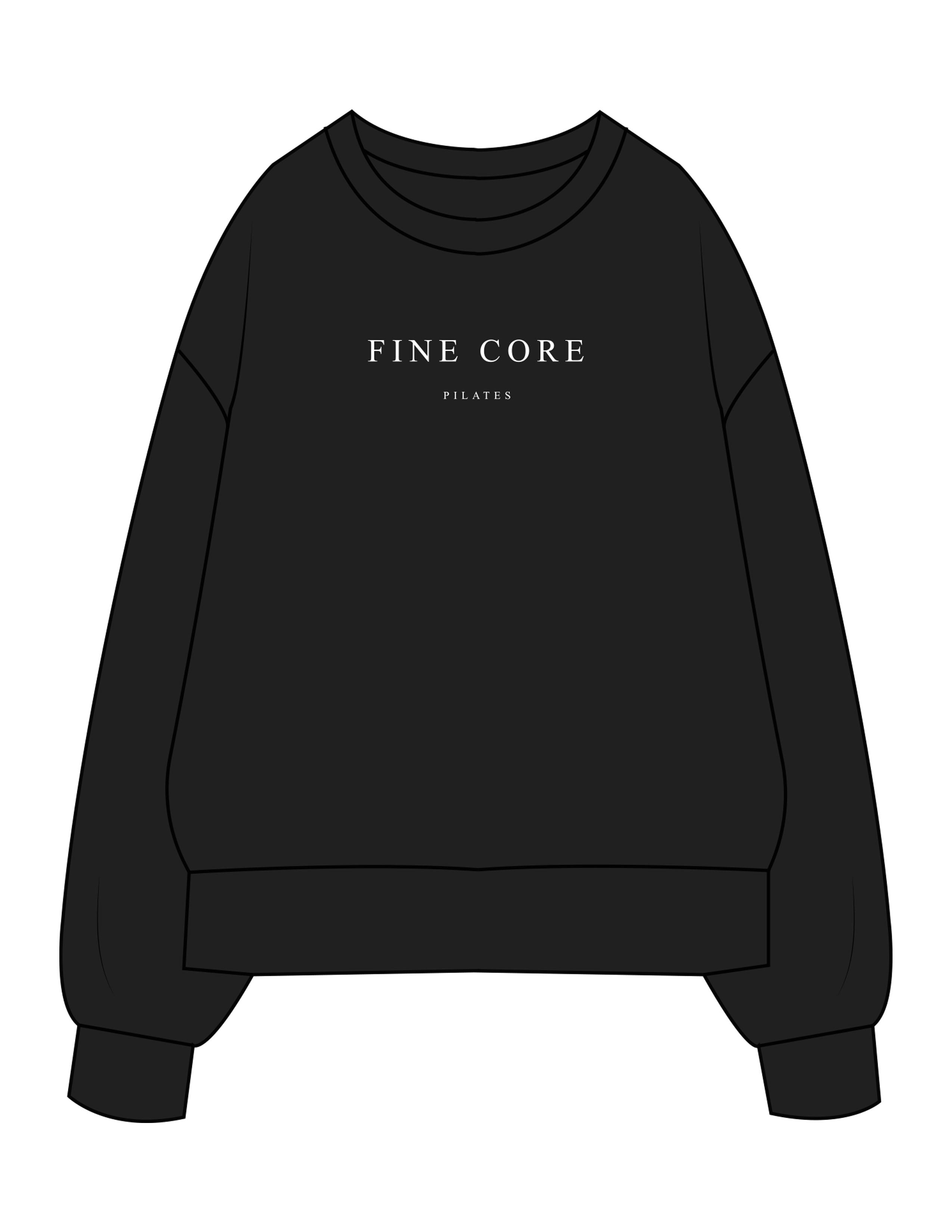 The Womens Heavyweight Crewneck - Black - Fine Core Pilates - Center Chest Stacked - Printed - White
