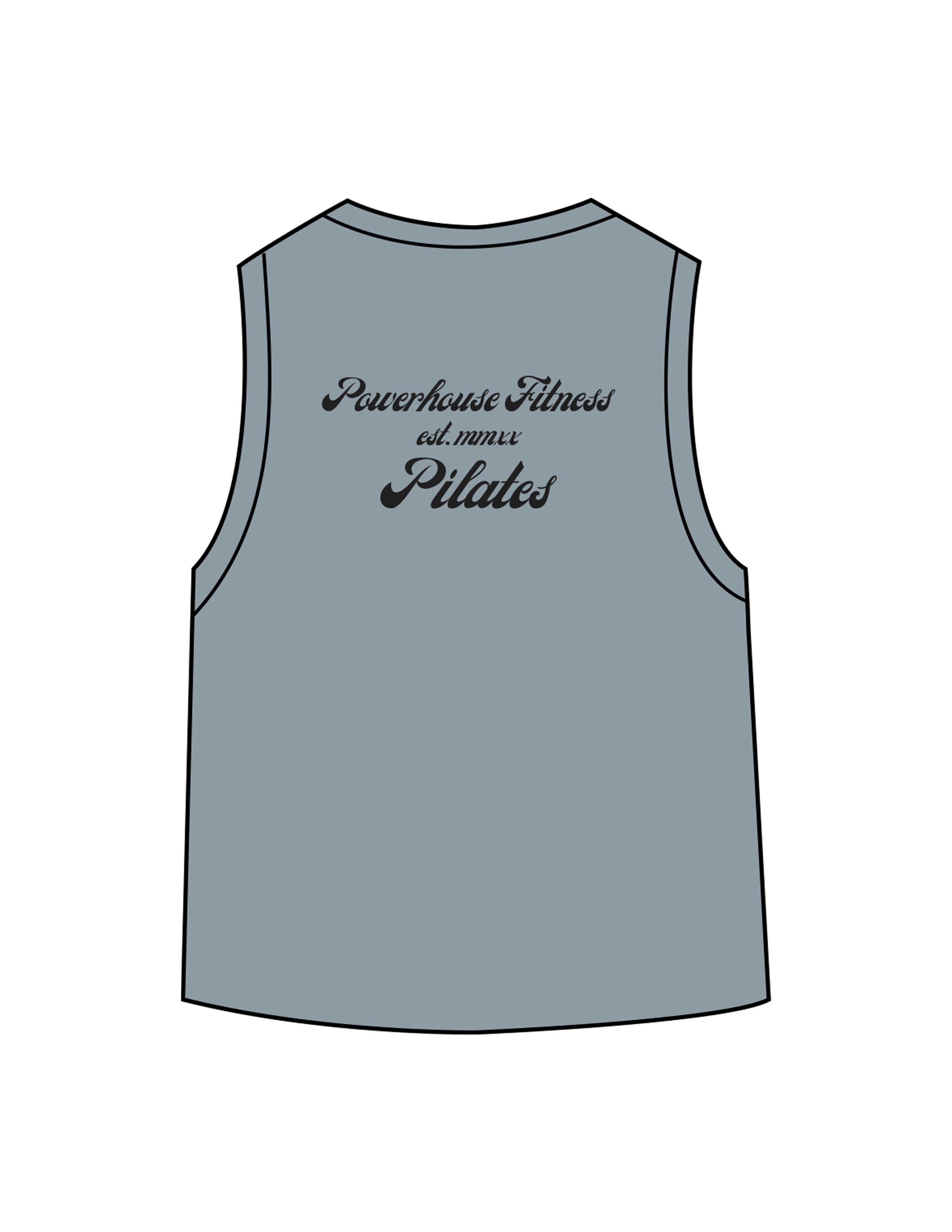 The Daily Crop Tank - Stonewash Denim - Powerhouse Fitness - Left Chest & Back Stacked "PILATES" - Printed - Black