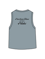 The Daily Crop Tank - Stonewash Denim - Powerhouse Fitness - Left Chest & Back Stacked "PILATES" - Printed - Black