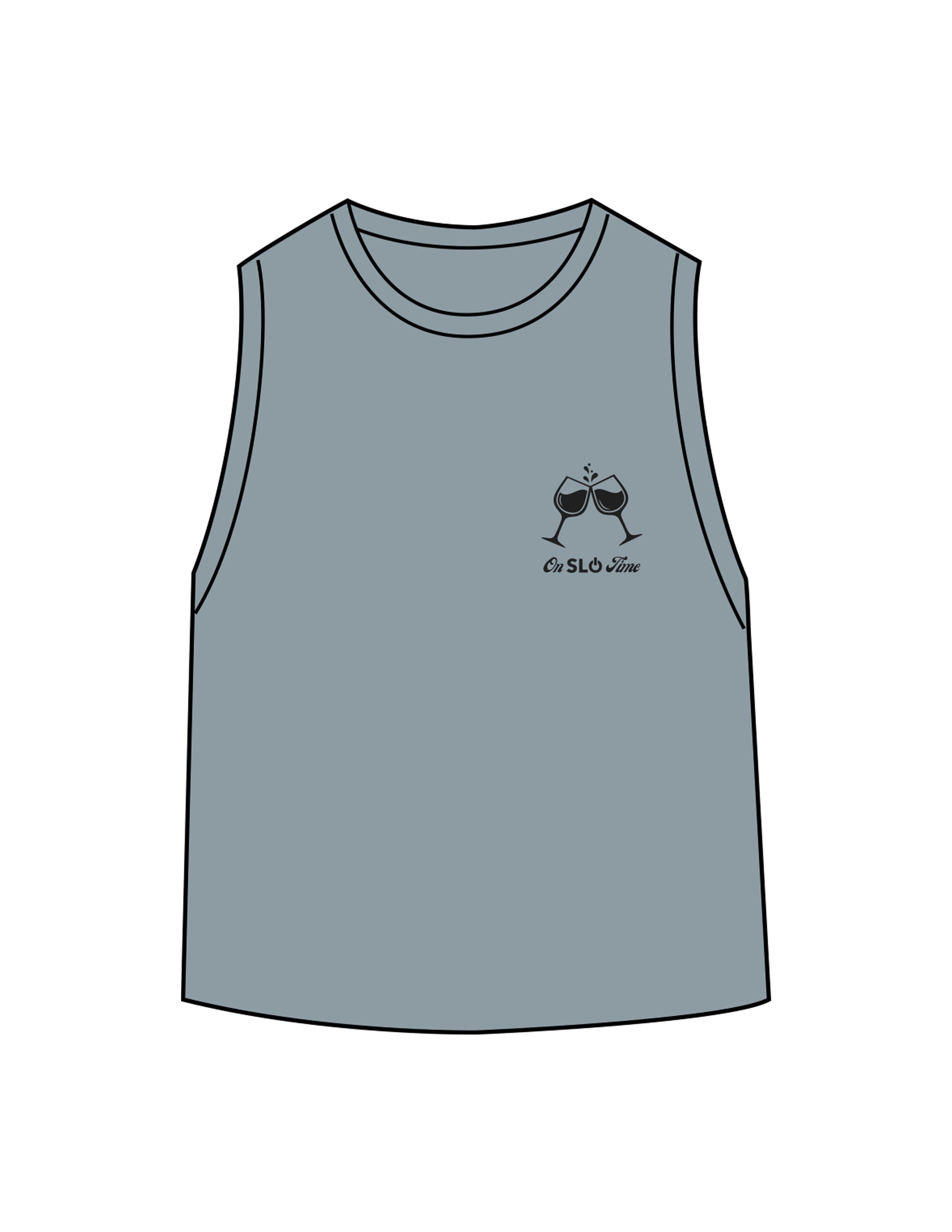The Daily Crop Tank - Stonewash Denim - Powerhouse Fitness - Left Chest & Back Stacked "PILATES" - Printed - Black
