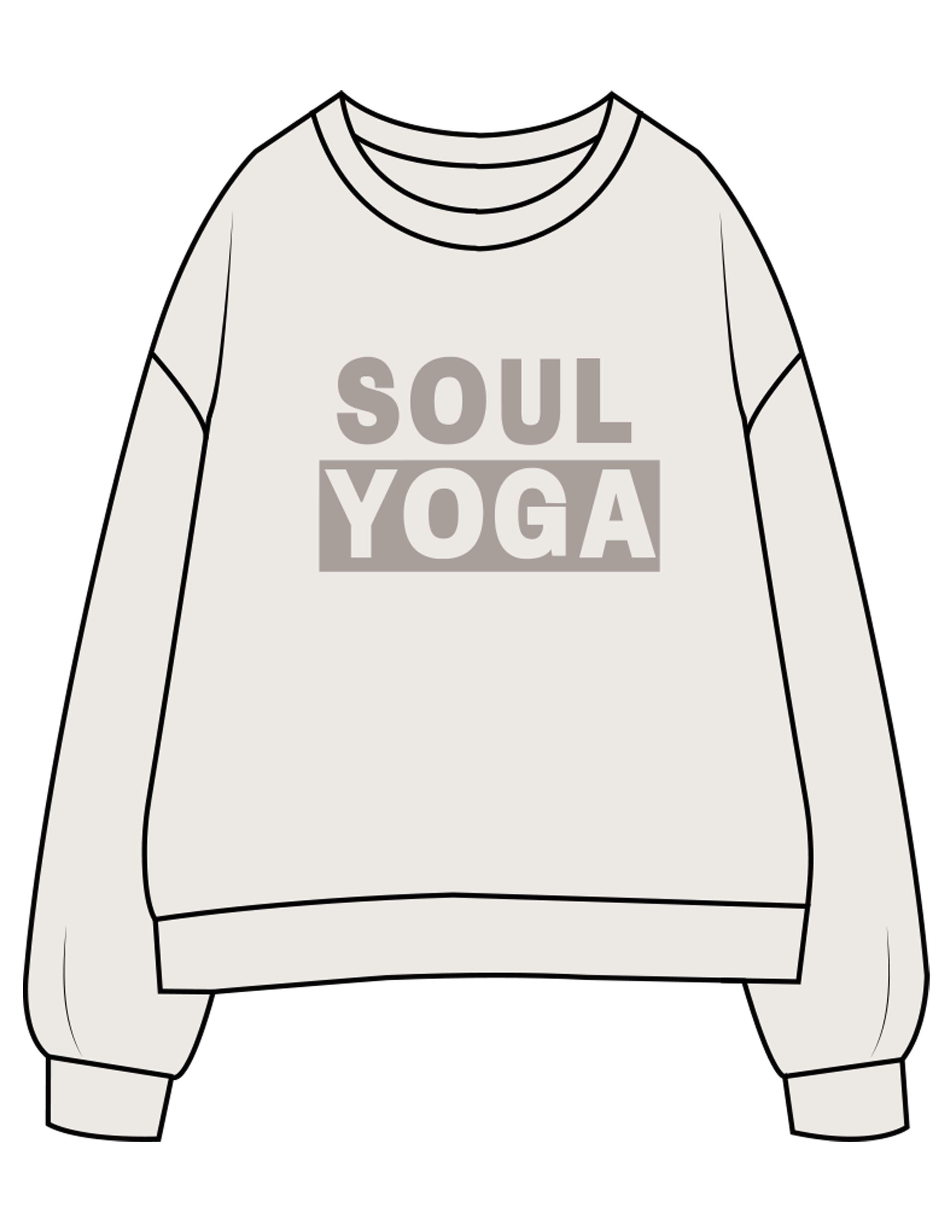 The Womens Crewneck - Bone - SOUL YOGA - Center Chest Stacked - Printed - Tone on Tone