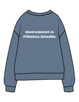 The Midweight Unisex Crewneck - Washed Slate - Movement With Chels - Left Chest & Right Sleeve - Back Stacked - Printed - Light Blue