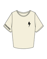 The Crop Tee - Butter - Heroes Fitness - Left Chest & Right Sleeve "TRAINER" - Back Stacked - Printed - Black