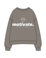 The Womens Crewneck - Washed Gray - Motivate Movement - Left Chest Round & Back Stacked - Printed - White