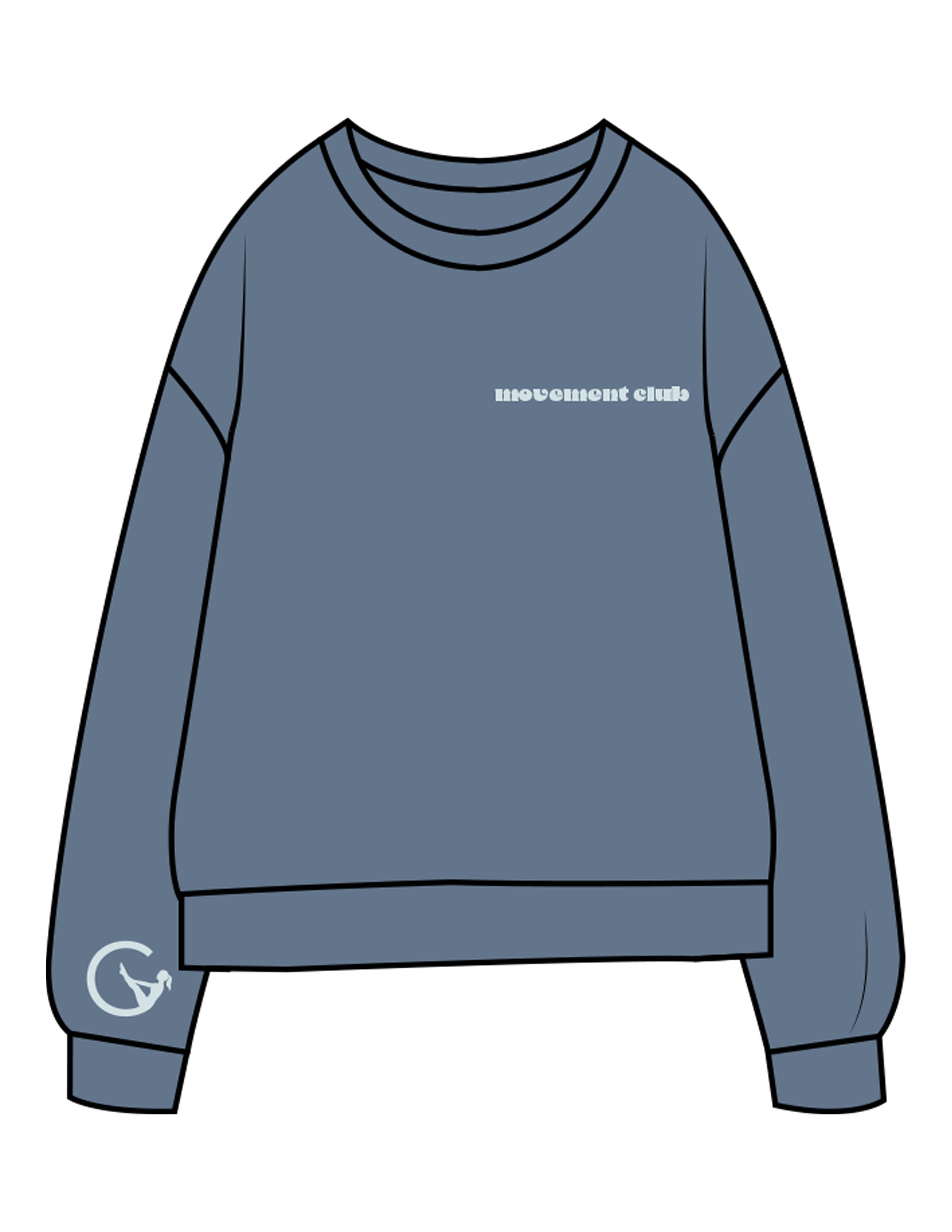 The Midweight Unisex Crewneck - Washed Slate - Movement With Chels - Left Chest & Right Sleeve - Back Stacked - Printed - Light Blue