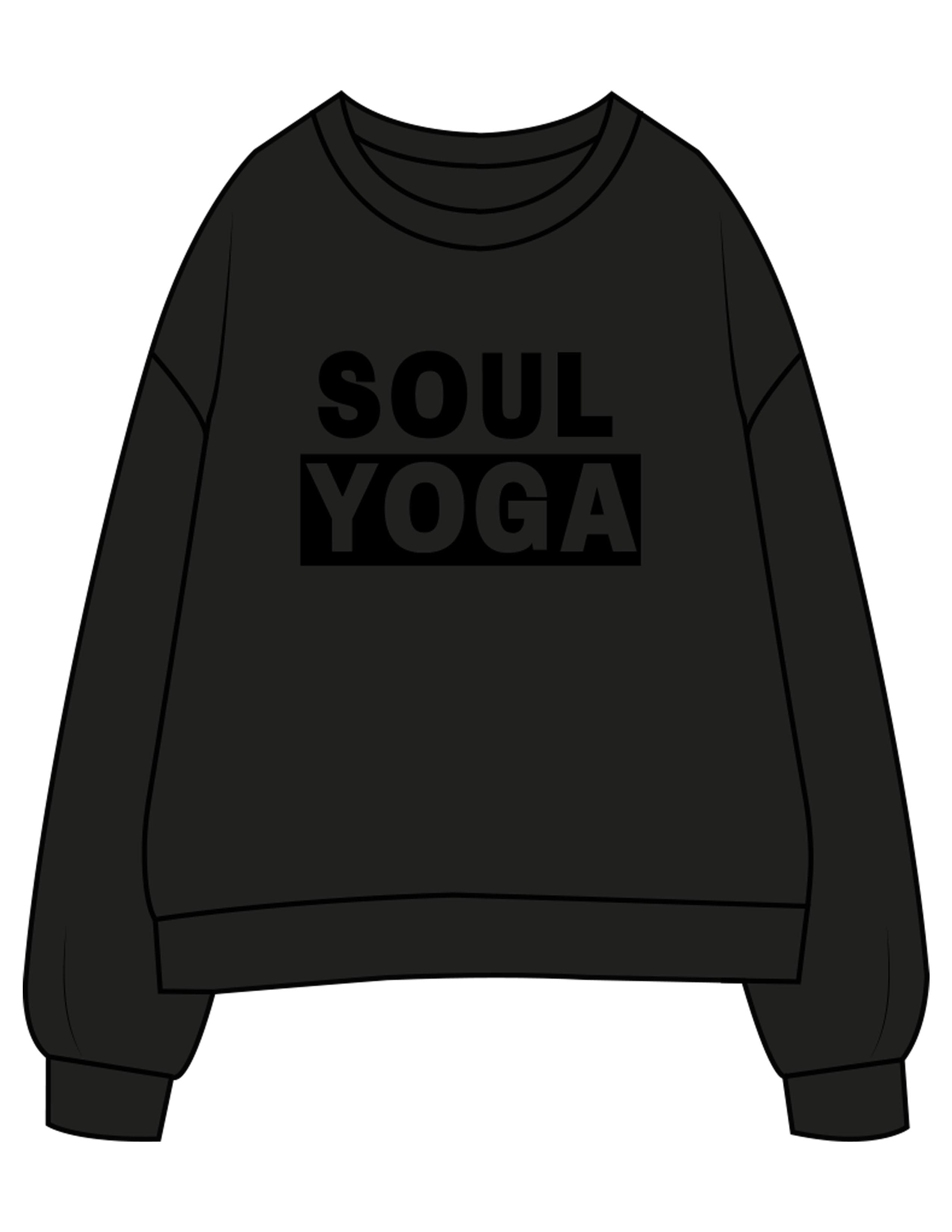 The Womens Crewneck - Black - SOUL YOGA - Center Chest Stacked - Printed - Tone on Tone