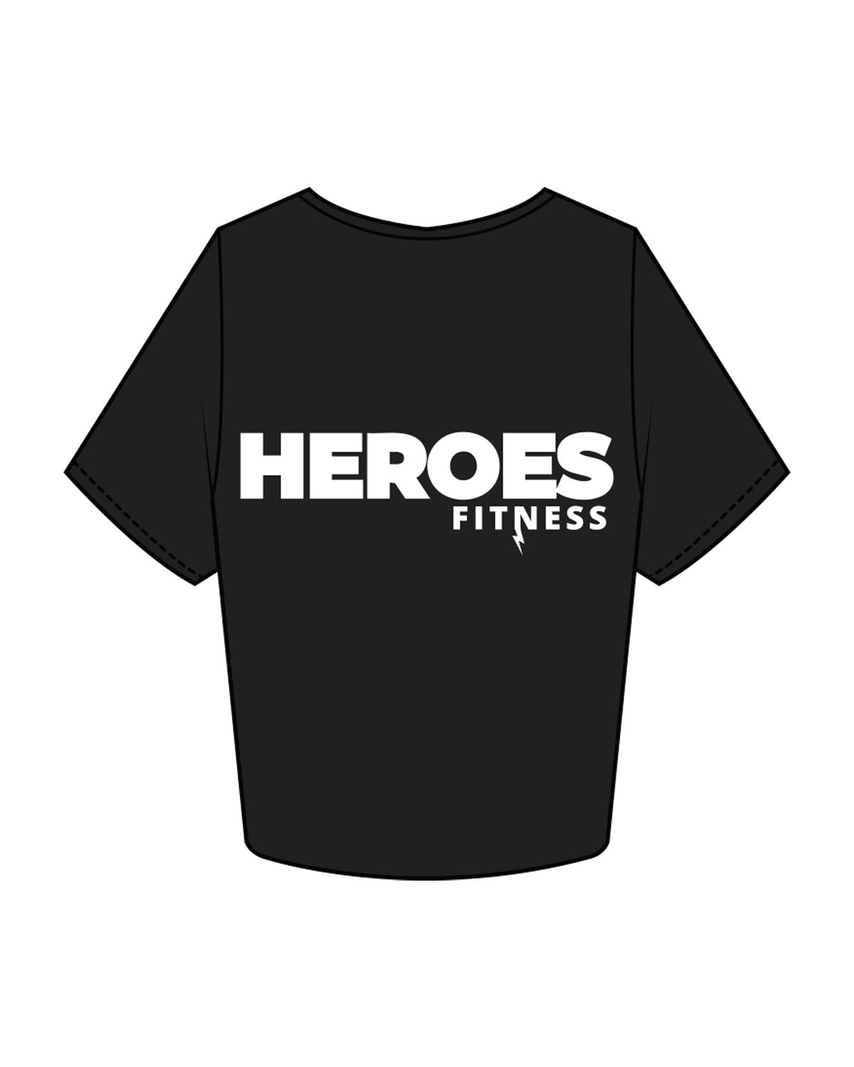 The Crop Tee - Black - Heroes Fitness - Left Chest & Right Sleeve "TRAINER" - Back Stacked - Printed - White