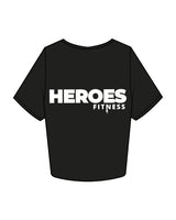 The Crop Tee - Black - Heroes Fitness - Left Chest "TRAINER" & Back Stacked - Printed - White