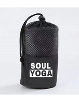 The Gym Towel - Black - SOUL YOGA - Bottom Left - EMB - White - The Gym Towel Bag - Black - Center Body Stacked - Printed - White