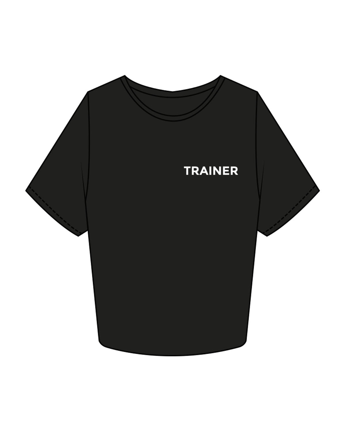 The Crop Tee - Black - Heroes Fitness - Left Chest "TRAINER" & Back Stacked - Printed - White