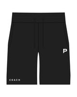 The Mens Active Short  - Black - The Platform Studio - Left leg & Bottom Right - Printed - White