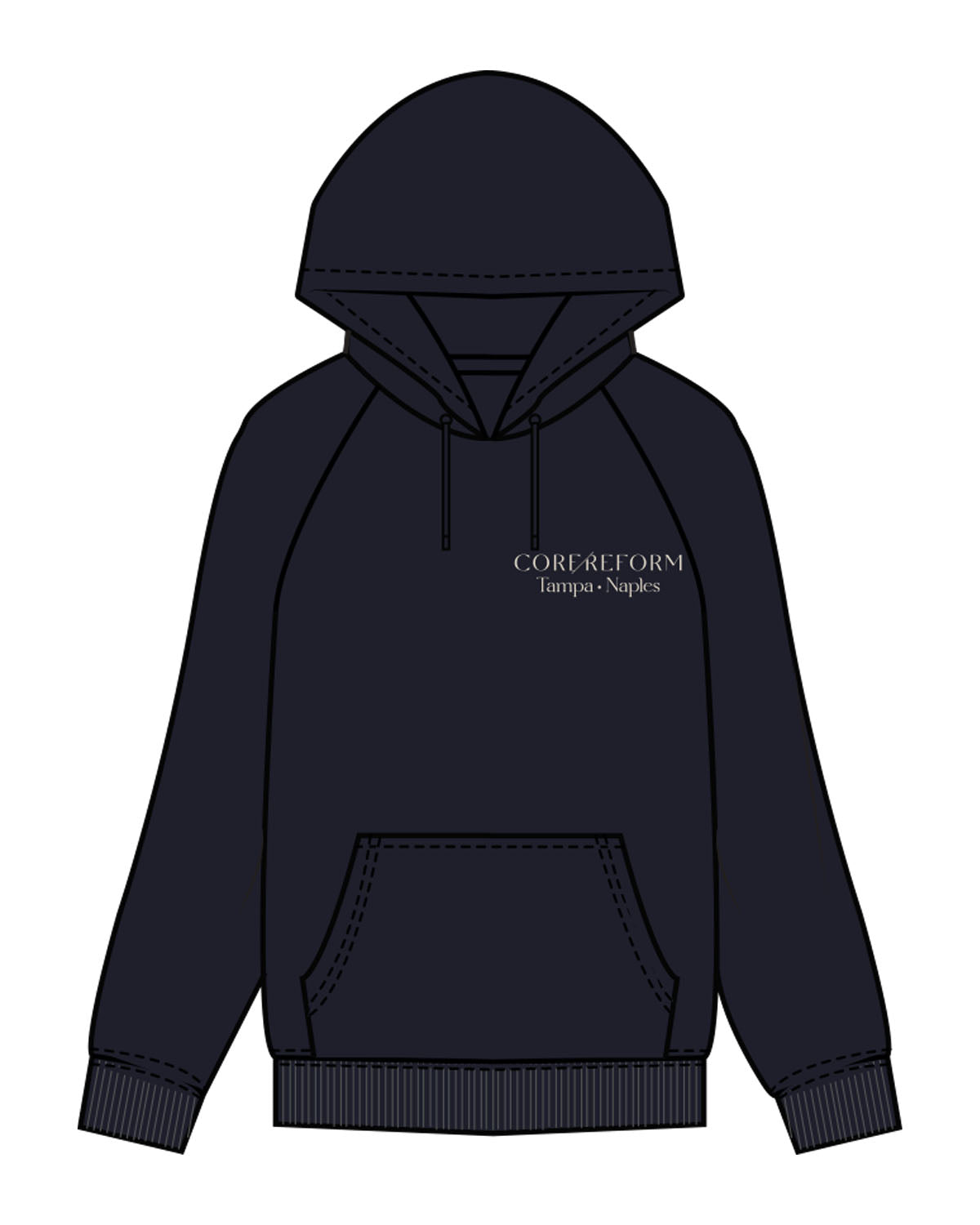 The Mens Classic Hoodie - Navy - Core Reform - Left Chest & Back Left Corner - Printed - Ecru