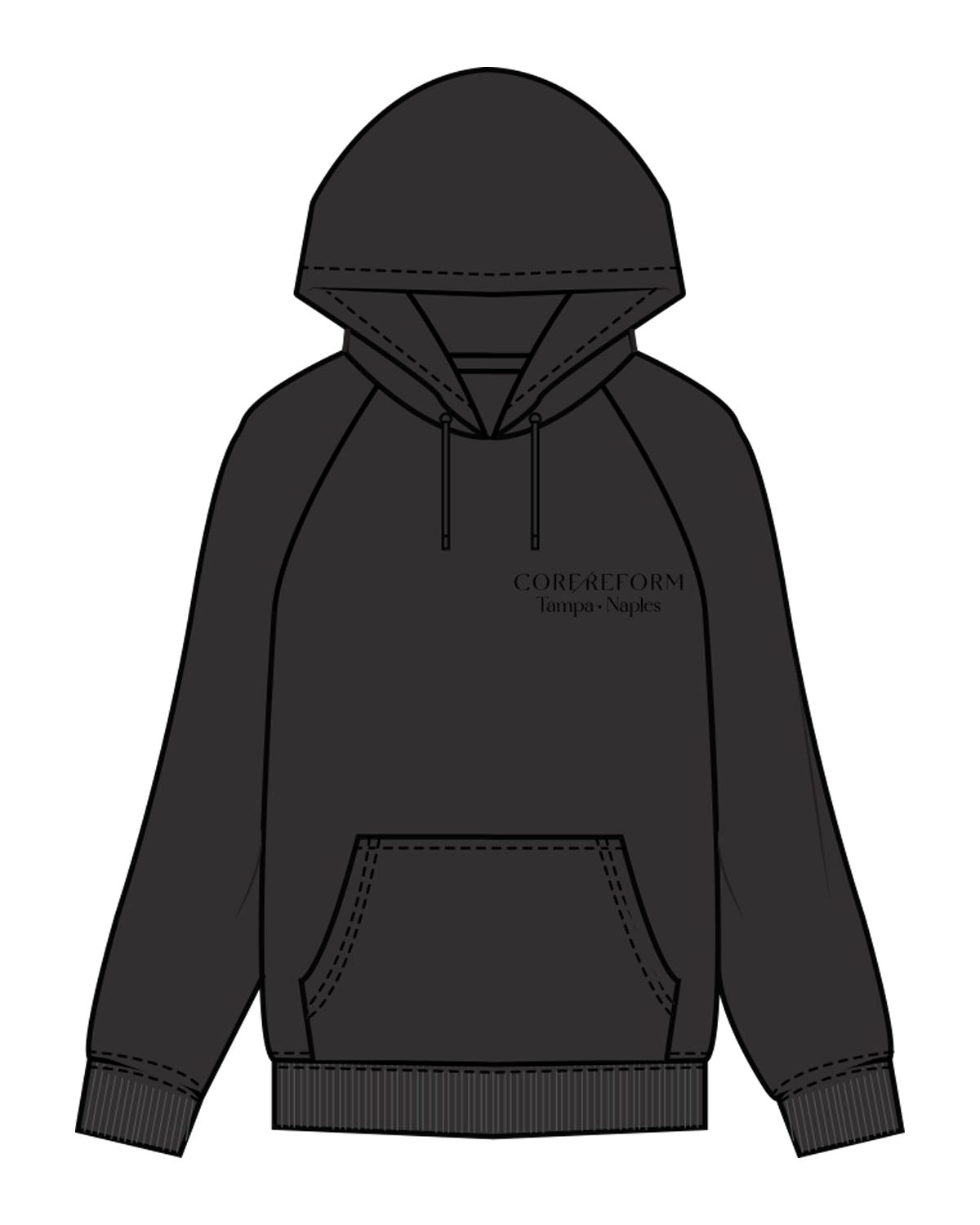 The Mens Classic Hoodie - Charcoal - Core Reform - Left Chest & Back Left Corner - Printed - Black