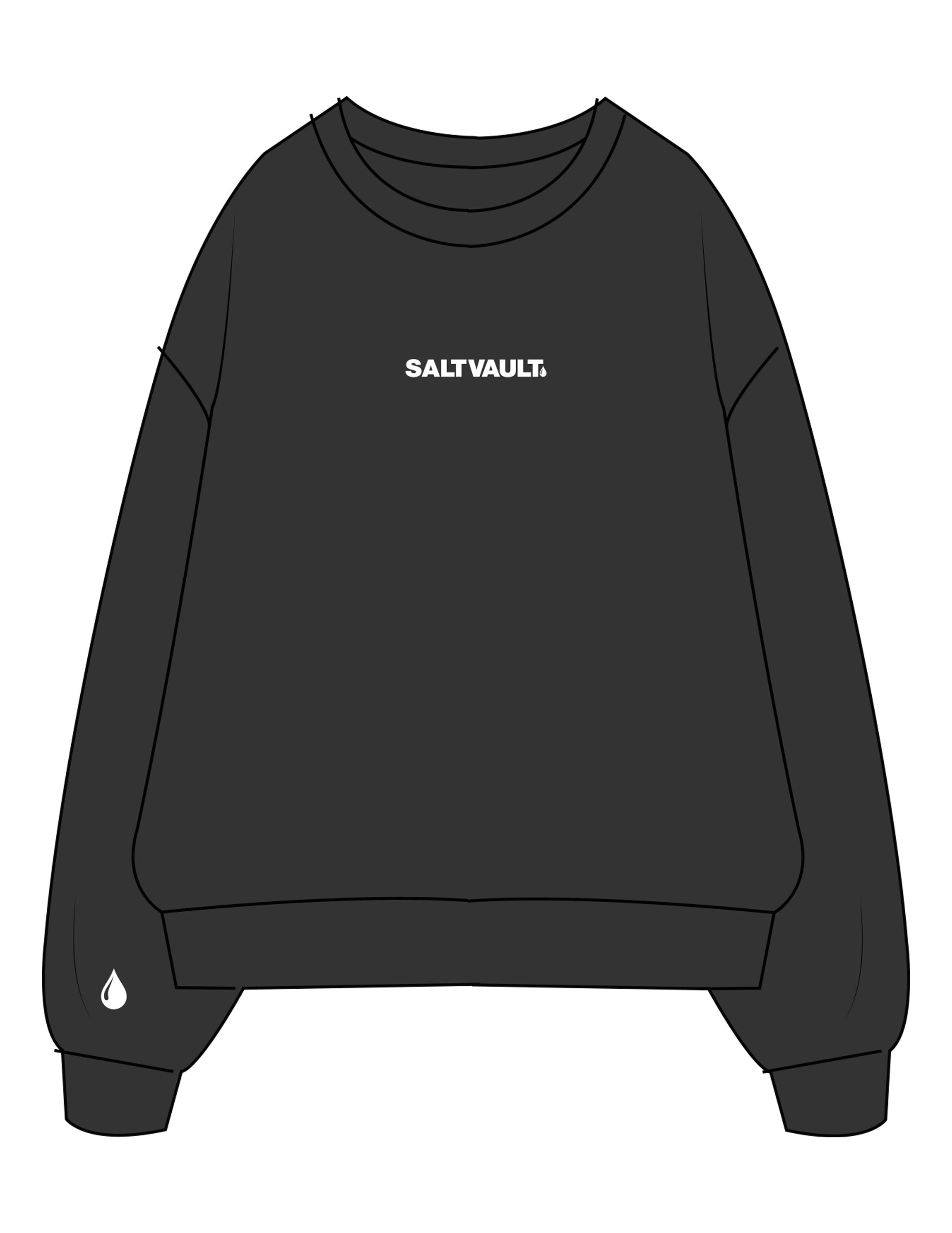 The Mens Crewneck - Washed Black - Saltvault - Center Chest & Right Wrist - Embroidered - White