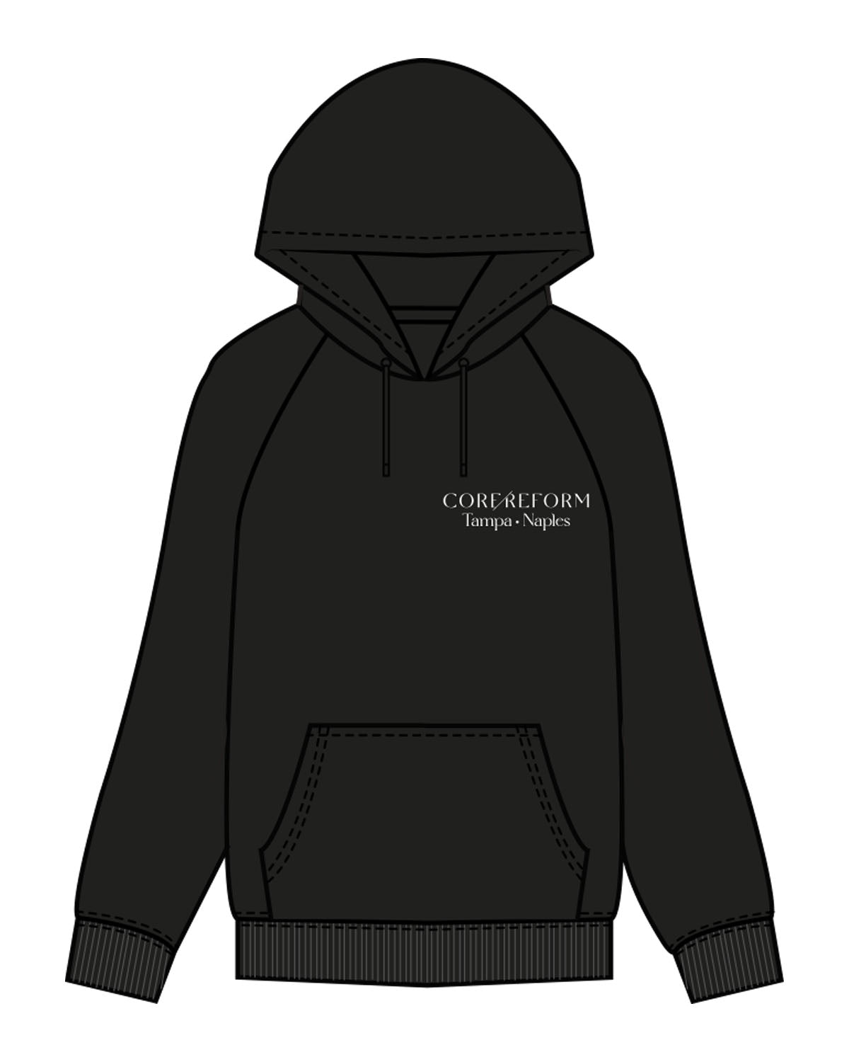 The Mens Classic Hoodie - Black - Core Reform - Left Chest & Back Left Corner - Printed - White