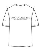 The Womens Oversized Tee - White - Evolve Collective - Left Chest & Back Stacked - Printed - Black