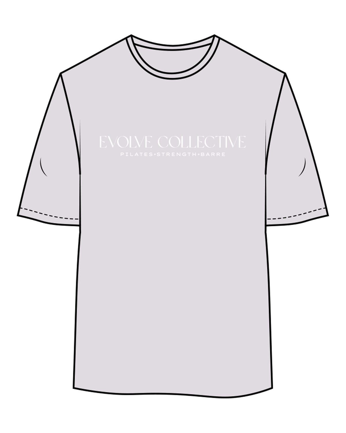 The Womens Oversized Tee - Orchid - Evolve Collective - Center Chest Stacked - Printed - White
