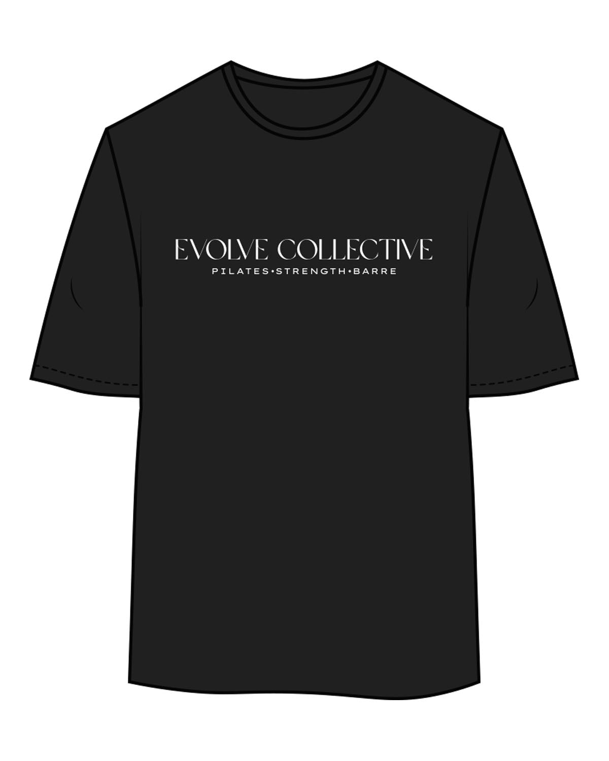 The Womens Oversized Tee - Black - Evolve Collective - Center Chest Stacked - Printed - White