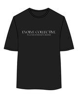 The Womens Oversized Tee - Black - Evolve Collective - Center Chest Stacked - Printed - White