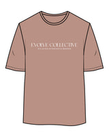 The Womens Oversized Tee - Clay - Evolve Collective - Center Chest Stacked - Printed - White