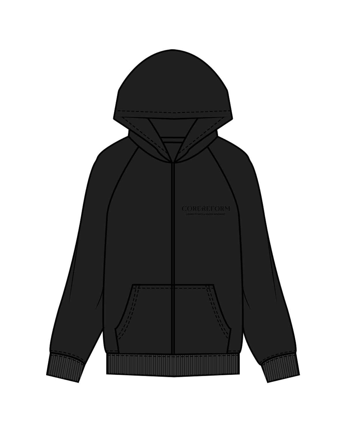 The Mens Zip Hoodie - Black - Core Reform - Left Chest - Printed - Tone on Tone