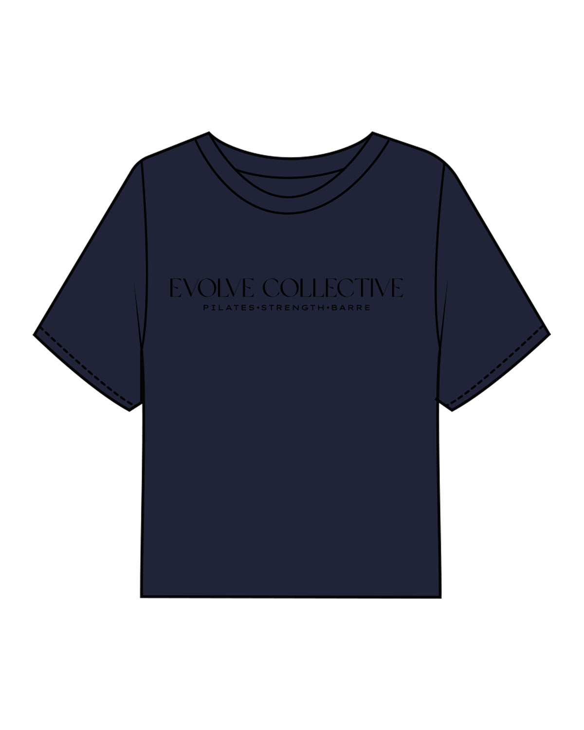 The Boxy Crop Tee - Navy - Evolve Collective - Center Chest Stacked & Back Neckline - Printed - Black