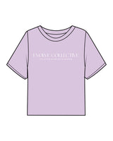 The Boxy Crop Tee - Lavender - Evolve Collective - Center Chest Stacked & Back Neckline - Printed - White