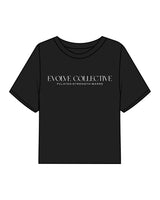 The Boxy Crop Tee - Black - Evolve Collective - Center Chest Stacked & Back Neckline - Printed - White