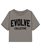 The Heavyweight Crop Tee - Washed Gray - Evolve Collective - Center Chest Stacked - Printed - Black