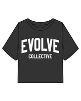 The Heavyweight Crop Tee - Washed Black - Evolve Collective - Center Chest Stacked - Printed - White