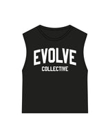 The Womens Classic Crop Tank - Black - Evolve Collective - Center Chest Stacked - Printed - White