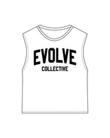 The Womens Classic Crop Tank - White - Evolve Collective - Center Chest Stacked - Printed - Black