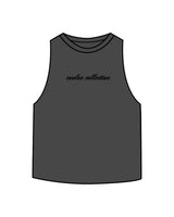 The Crop Muscle Racerback - Dark Grey Heather - Evolve Collective - Center Chest - Printed - Black