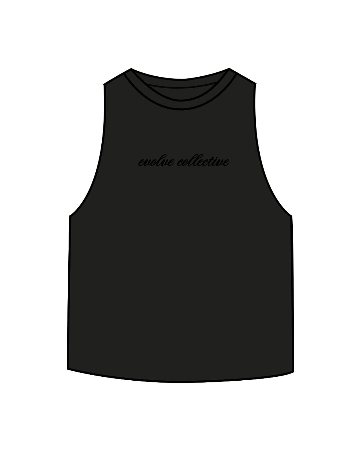 The Crop Muscle Racerback - Black - Evolve Collective - Center Chest - Printed - Black
