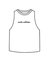 The Crop Muscle Racerback - White - Evolve Collective - Center Chest - Printed - Black