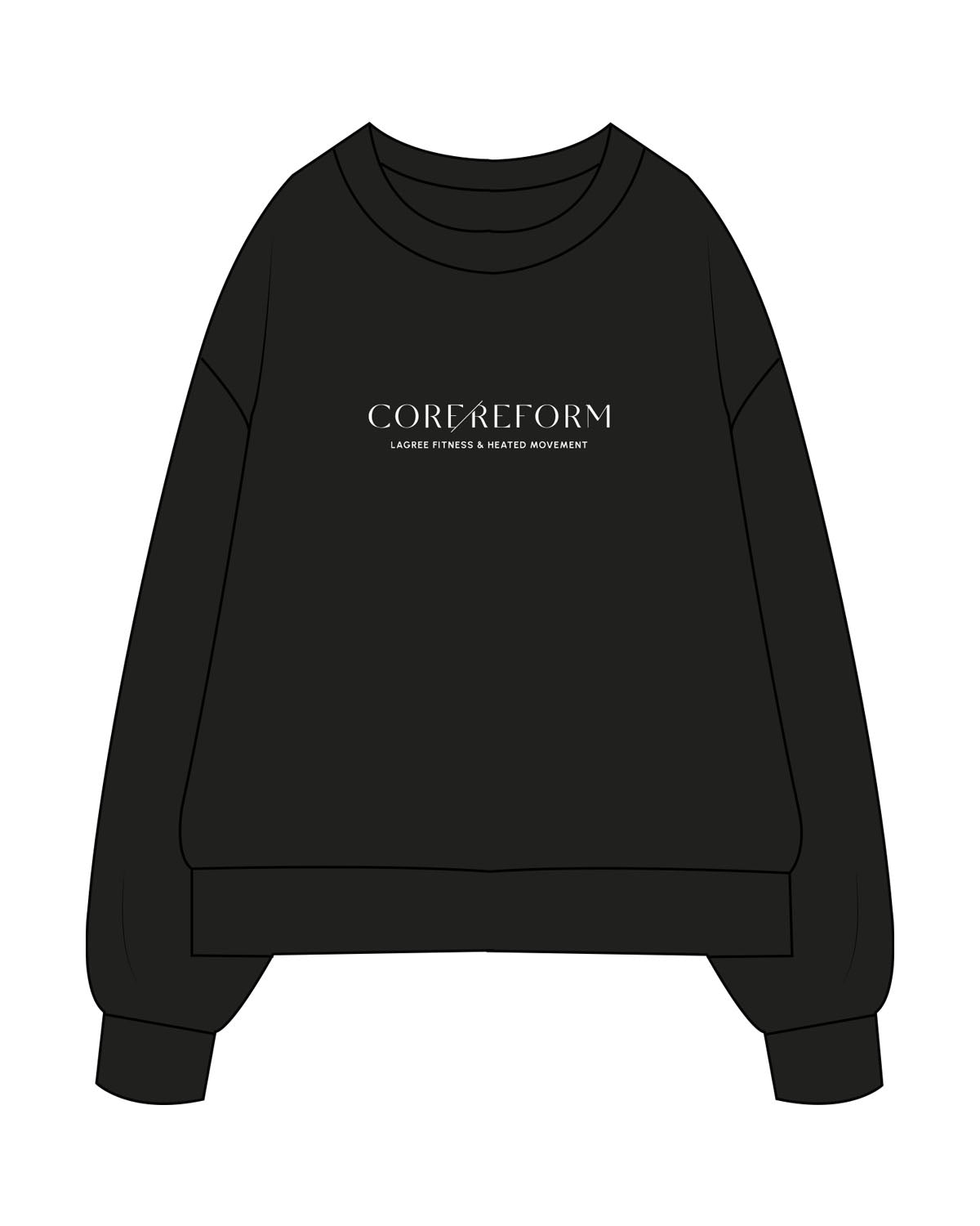 The Mens Heavyweight Crewneck - Black - Core Reform - Center Chest Stacked - Printed - White