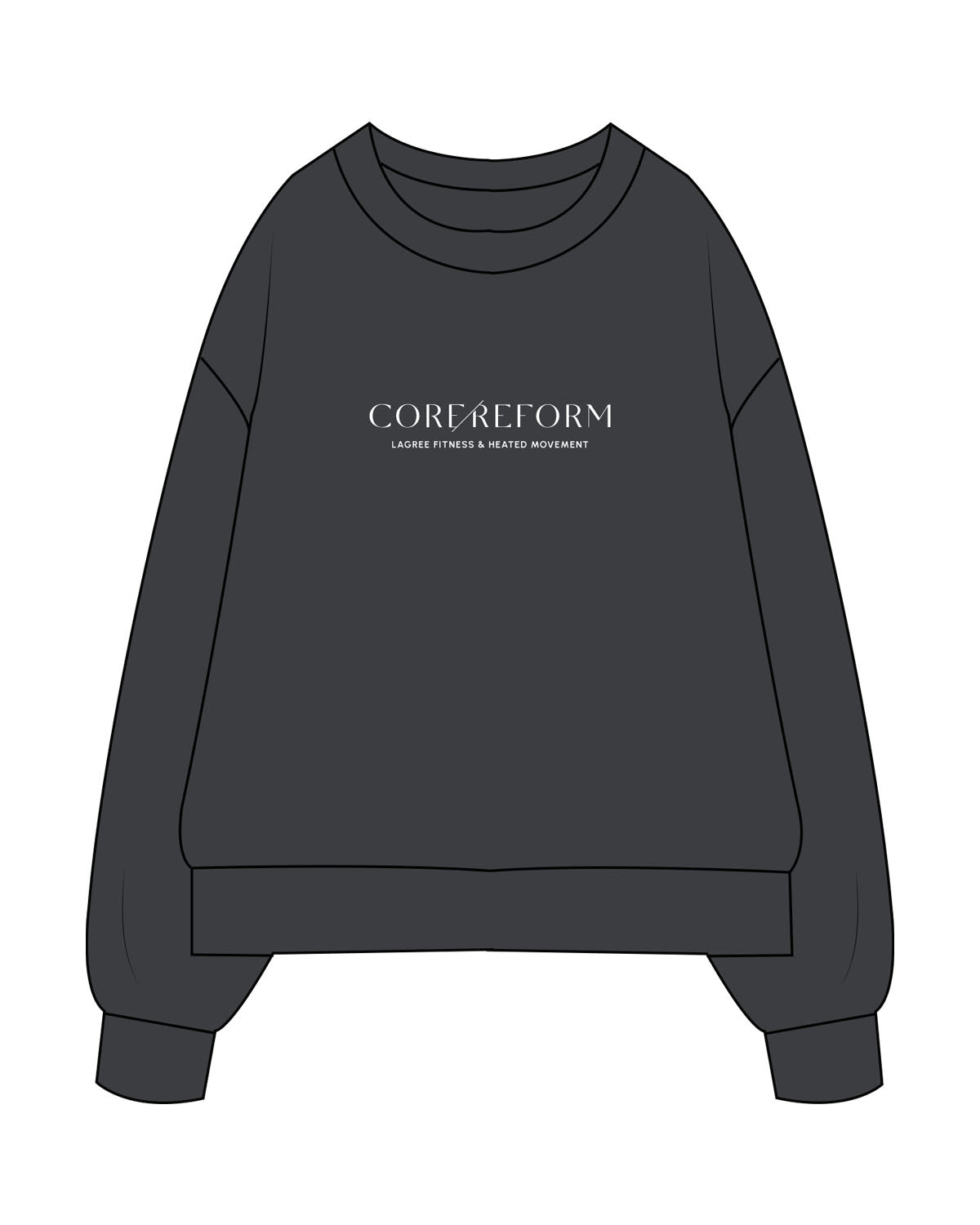 The Mens Heavyweight Crewneck - Coal - Core Reform - Center Chest Stacked - Printed - White
