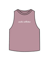 The Crop Muscle Racerback - Heather Orchid - Evolve Collective - Center Chest - Printed - White