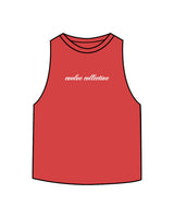 The Crop Muscle Racerback - Heather Red - Evolve Collective - Center Chest - Printed - White