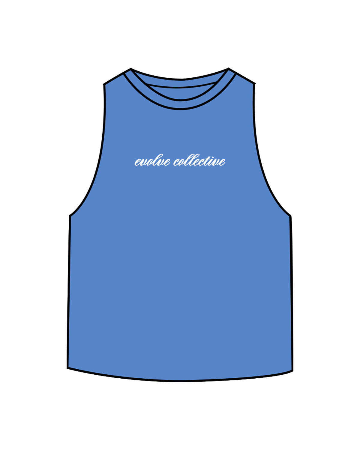 The Crop Muscle Racerback - Heather True Royal - Evolve Collective - Center Chest - Printed - White