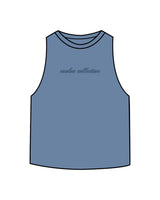 The Crop Muscle Racerback - Heather True Royal - Evolve Collective - Center Chest - Printed - Tone on Tone