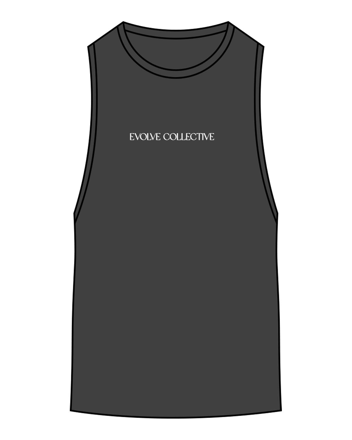 The Scoop Muscle Tank - Charcoal - Evolve Collective - Center Chest - Printed - White