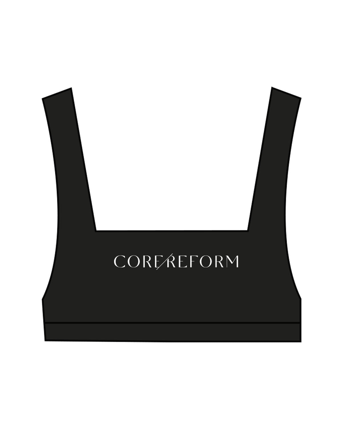 The Box Cut Bra - Black - Core Reform - Center Chest Text & Center Back - Printed - White